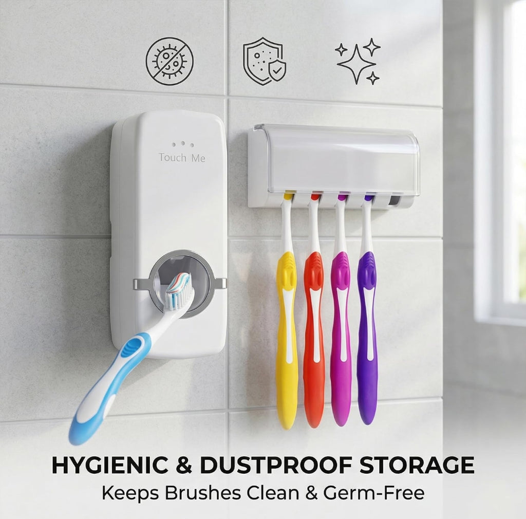 2-in-1 Toothpaste Dispenser & Toothbrush Holder | Hygienic Wall Mount
