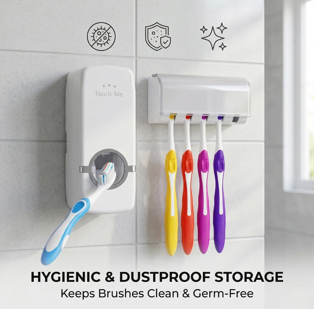 2-in-1 Toothpaste Dispenser & Toothbrush Holder | Hygienic Wall Mount