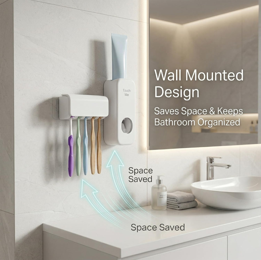 2-in-1 Toothpaste Dispenser & Toothbrush Holder | Hygienic Wall Mount